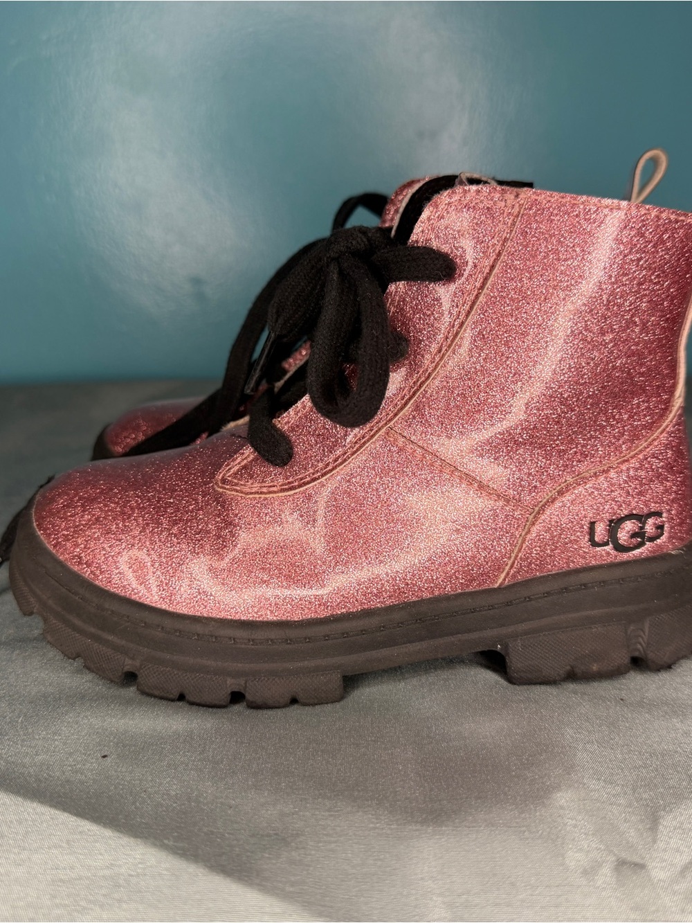 UGG Kids Pink Glitter Lace-Up Combat Boots